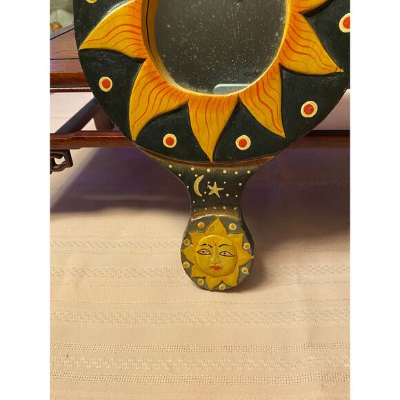 BoHo Sun Burst Designs Hand or Hanging MIRROR Hand painted Carved Wood 11.75 in - Picture 6 of 12